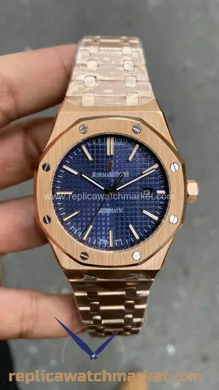 Replika Audemars Piguet Royal Oak 15400OR — Mavi kadran, otomatik mekanizma, pembe altın kasa 41 mm — ürün görünümü 1
