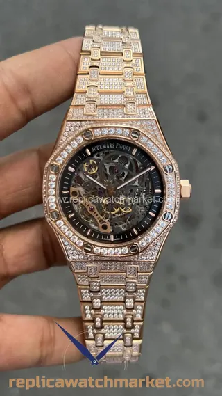 Replika Audemars Piguet Royal Oak 15407OR — Çift balanslı iskelet kadran Diamond, otomatik mekanizma, pembe altın kasa 41 mm — ürün görünümü 1
