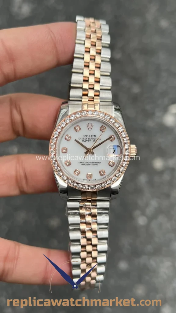 Replica Rolex Datejust 31 mm — Diamond Bezel Stone-White Dial Two-Tone Rose Gold — product view 1