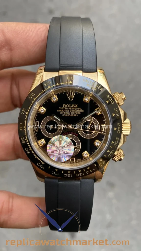 Replica Rolex Daytona 116518 — Black Diamond Gold on Oysterflex 40 mm — product view 1