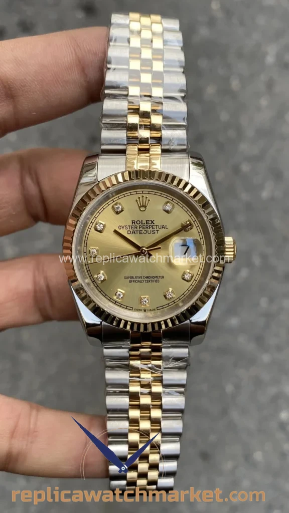 Replica Rolex Datejust 36 mm — Champagne Stone Dial Two-Tone Yellow Gold Jubilee — product view 1