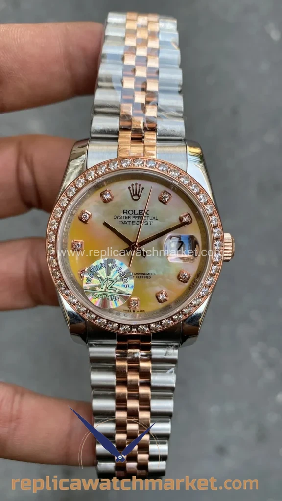 Replica Rolex Datejust 36 mm — Pearl Rose Stone Dial Diamond Bezel Two-Tone Rose Gold Jubilee — product view 1
