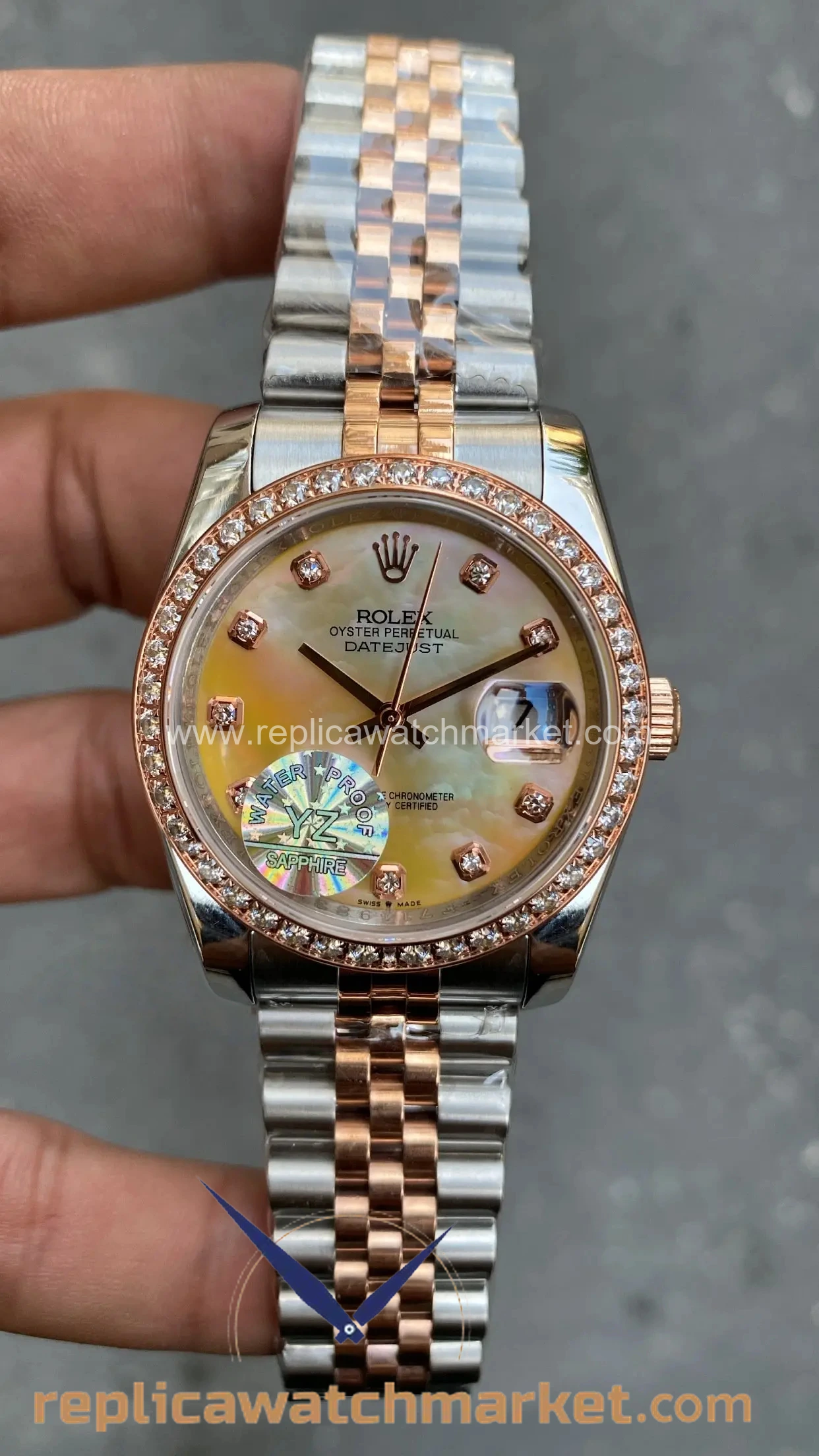 Replica Rolex Datejust 36 mm — Pearl Rose Stone Dial Diamond Bezel Two-Tone Rose Gold Jubilee — product view 1