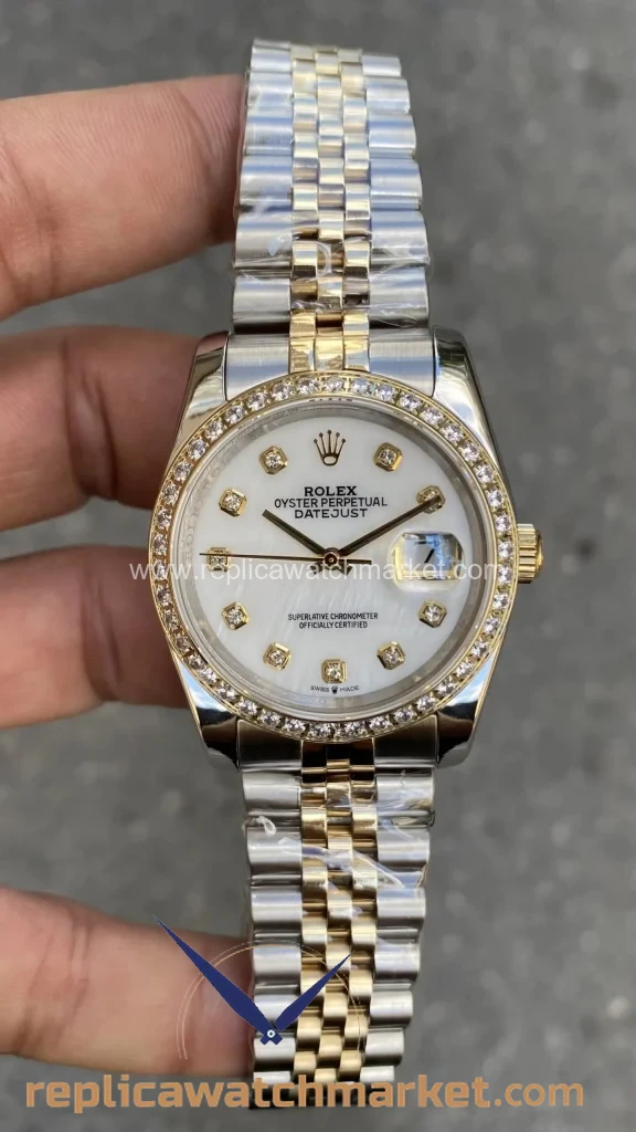 Replica Rolex Datejust 36 mm — Pearl White Stone Dial Diamond Bezel Two-Tone Yellow Gold Jubilee — product view 1