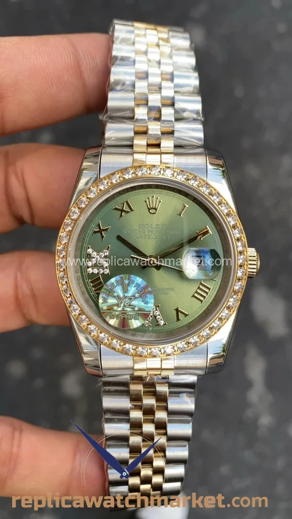 Replica Rolex Datejust 36 mm — Olive Green Dial Diamond Bezel Two-Tone Yellow Gold Jubilee — product view 1