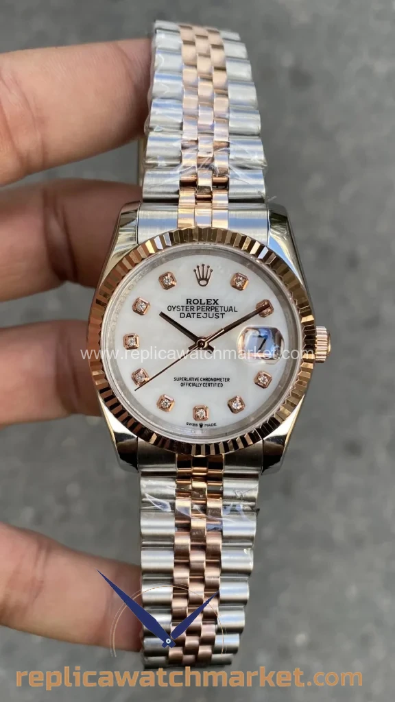 Replica Rolex Datejust 36 mm — Pearl White Stone Dial Two-Tone Rose Gold Jubilee — product view 1