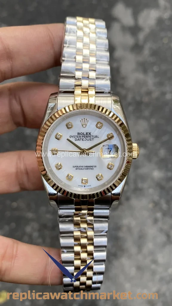 Replica Rolex Datejust 36 mm — Pearl White Stone Dial Two-Tone Yellow Gold Jubilee — product view 1