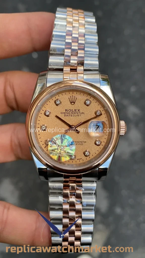 Replica Rolex Datejust 36 mm — Rose Stone Dial Smooth Bezel Two-Tone Rose Gold Jubilee — product view 1