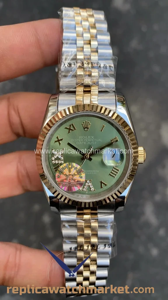 Replica Rolex Datejust 36 mm — Olive Green Dial Two-Tone Yellow Gold Jubilee — product view 1
