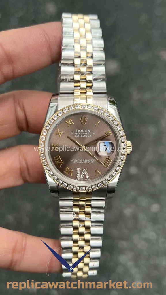 Replica Rolex Datejust 36 mm — Coffee Dial Diamond Bezel Two-Tone Yellow Gold — product view 1