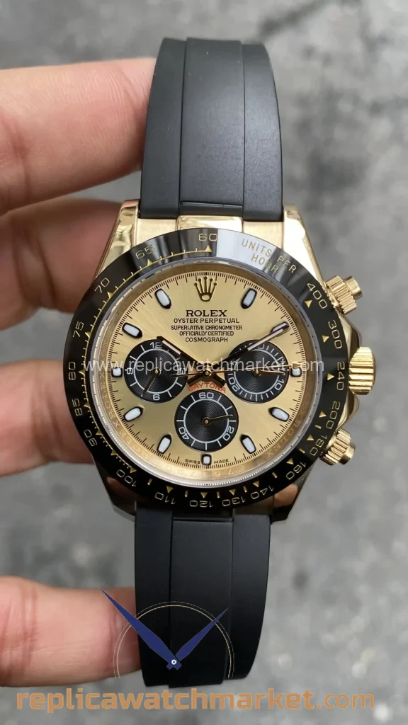 Replica Rolex Daytona 116518 — Champagne Black Dial Gold on Rubber 40 mm — product view 1