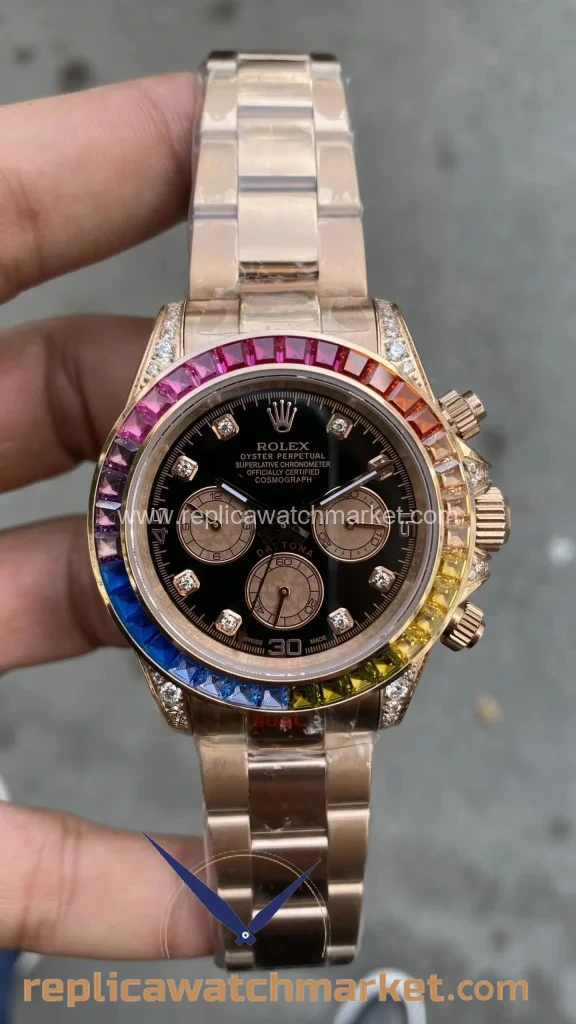 Replica Rolex Daytona 116595RBOW — Rainbow Rose Gold 40 mm — product view 1