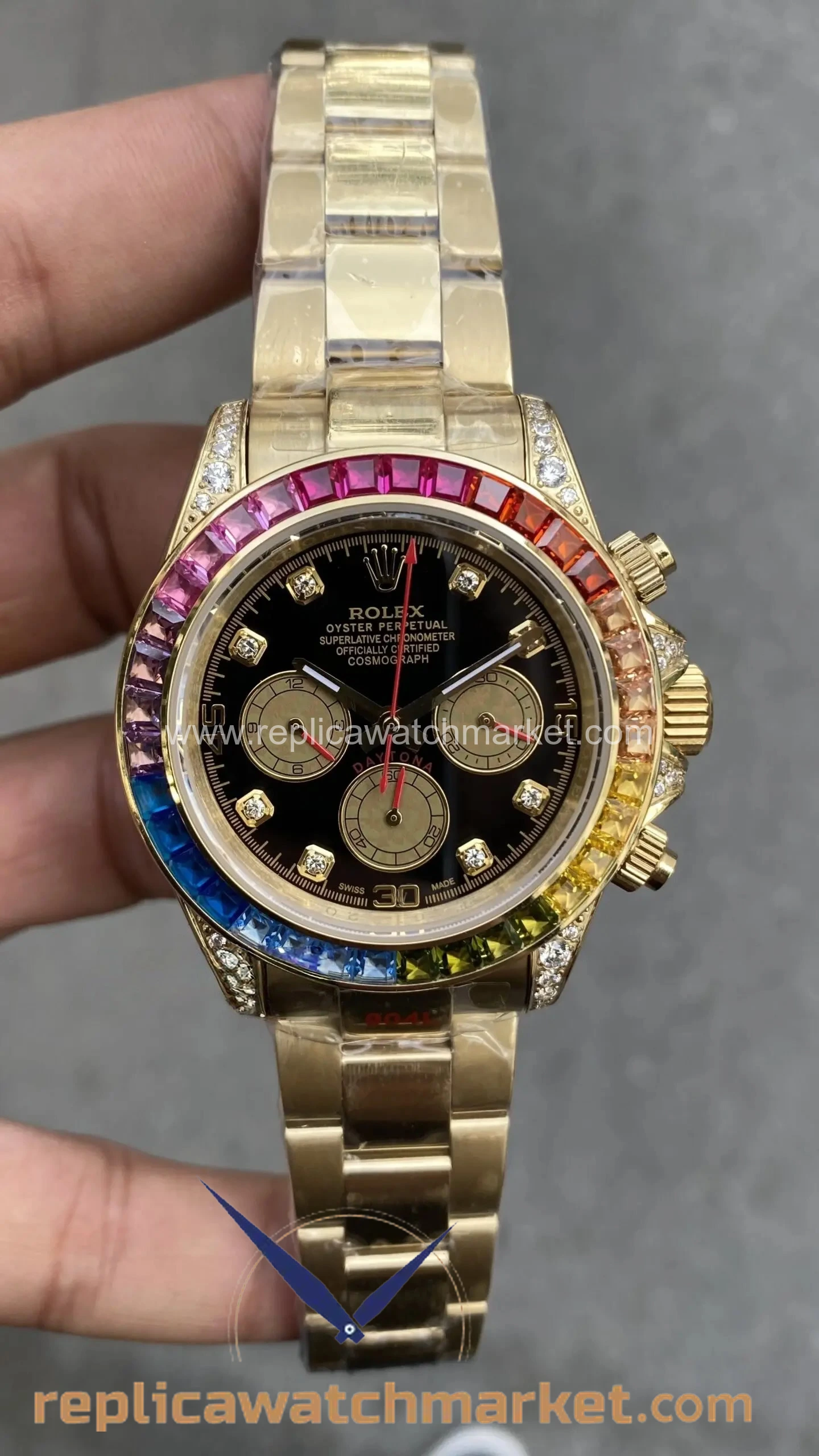 Replica Rolex Daytona 116598RBOW — Rainbow Yellow Gold 40 mm — product view 1
