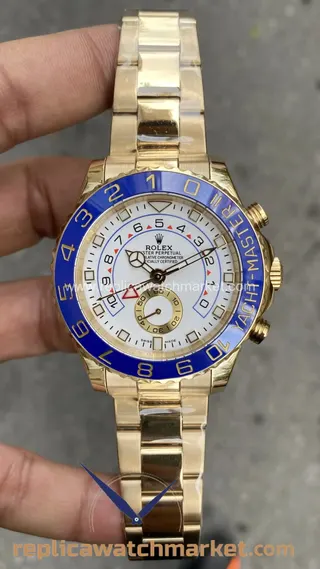 Replika Rolex Yacht-Master II 116681 — Beyaz Kadran Tam Altın Oyster 44 mm — ürün görünümü 1