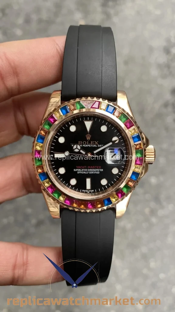Replica Rolex Yacht-Master 116695 SATS — Rainbow Gem Stones Rose Gold — product view 1
