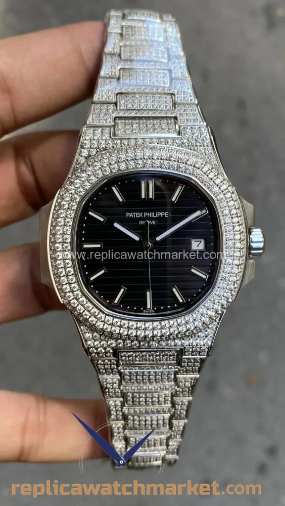 Replica Patek Philippe Nautilus Diamond Ice Out 5719/10G-010 — Steel Case Black Dial 40 mm — product view 1