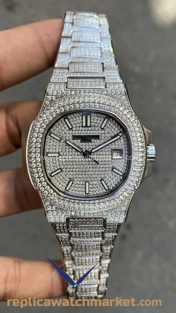 Replica Patek Philippe Nautilus Diamond Ice Out 5719/10G-010 — Steel Case Diamond Bezel 40 mm — product view 1
