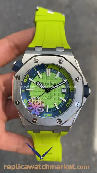Replika Audemars Piguet Royal Oak Offshore Diver 15710ST — Lime Yeşili Kadran Pembe-Gümüş Rengi Kasa 42 mm — ürün görünümü 1
