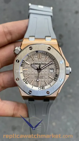 Replika Audemars Piguet Royal Oak Offshore Diver Japan Limited Edition 15711OI — Gri kadran, pembe altın kasa 42 mm — ürün görünümü 1