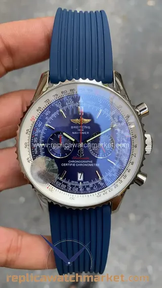 Replika Breitling Navitimer — Çelik kasa, mavi kadran, mavi kauçuk kayış 43 mm — ürün görünümü 1