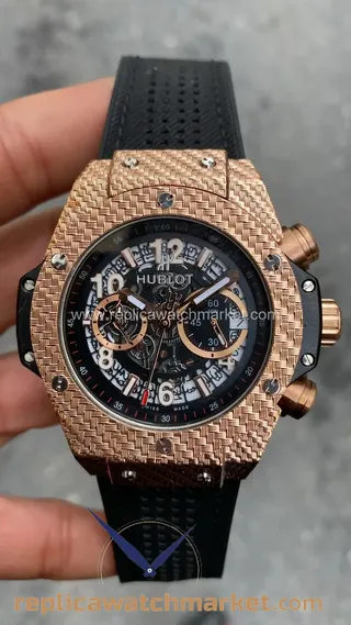 Replika Hublot Big Bang Unico King 411 NX Siyah Kauçuk Kayış Pembe Altın Kasa 45 mm — ürün görünümü 1