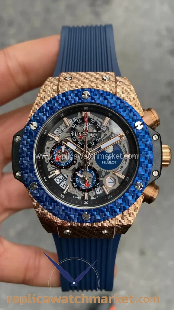 Replica Hublot Big Bang Unico Perpetual Calendar 406.MC Blue Rubber Rose Gold Case 45 mm — product view 1