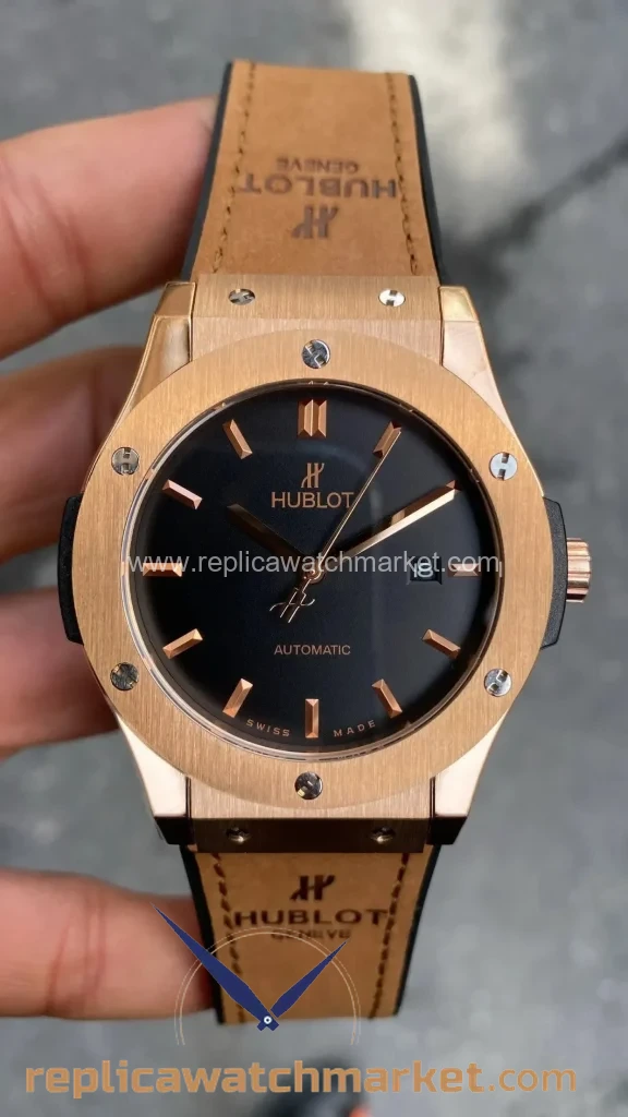 Replica Hublot Classic Fusion Automatic Vendome Black Dial Brown Rubber Rose Case 42 mm — product view 1