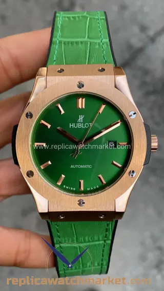 Replika Hublot Classic Fusion Automatic Vendome Green Dial, yeşil kauçuk kayış, roz kasa, 42 mm — ürün görünümü 1