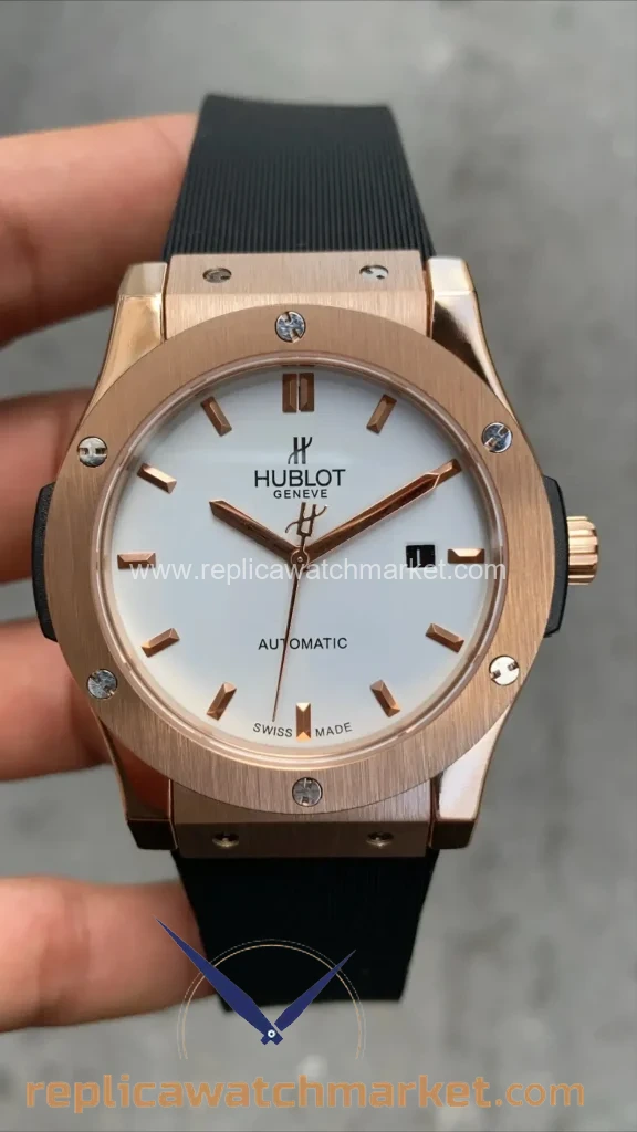 Replica Hublot Classic Fusion Automatic Vendome White Dial Black Rubber Rose Case 42 mm — product view 1