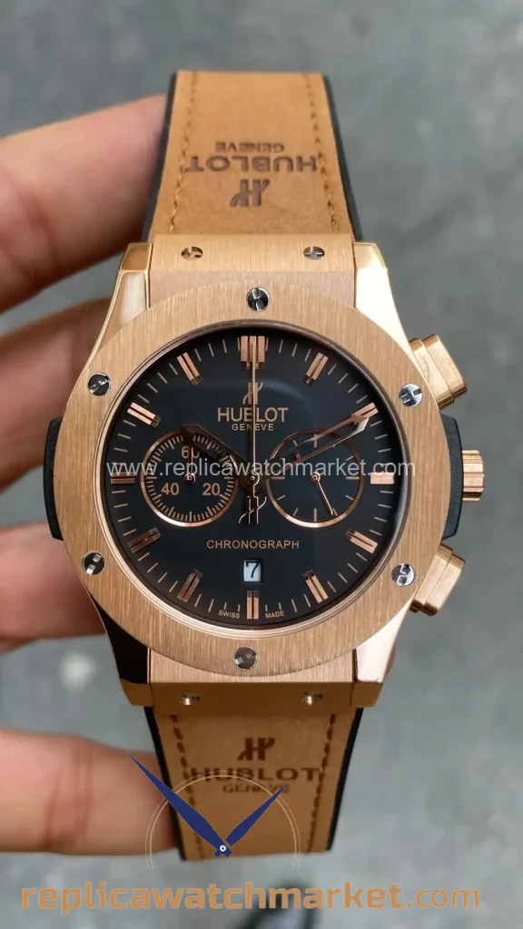Replica Hublot Classic Fusion Chronograph Full Rose Case Black Dial Brown Rubber 41 mm — product view 1