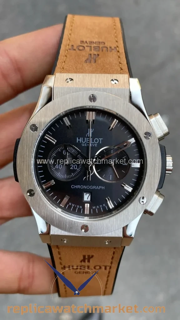 Replica Hublot Classic Fusion Chronograph Vendome Steel Case Black Dial Brown Rubber 42 mm — product view 1
