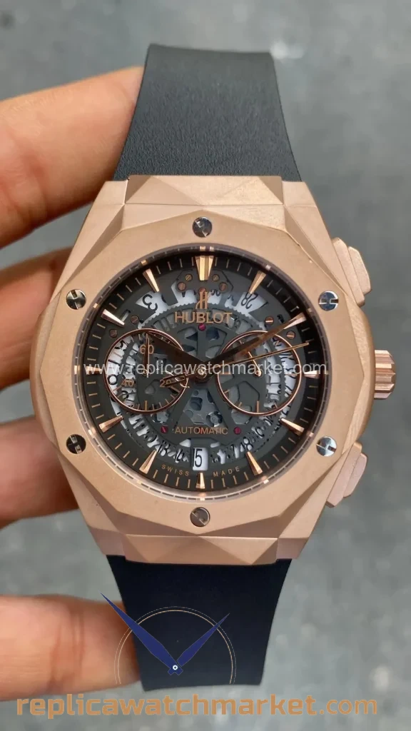 Replica Hublot Classic Fusion Orlinski Skeleton Chronograph Rose Case Black Dial Black Rubber 41 mm — product view 1