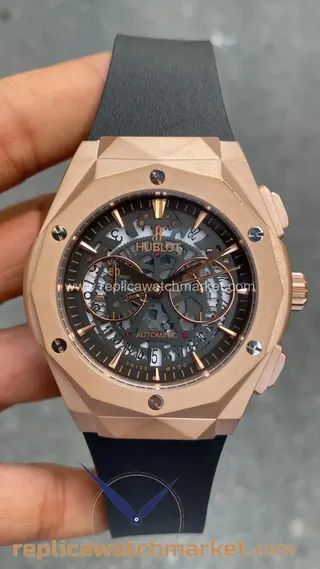 Replika Hublot Classic Fusion Orlinski Skeleton Chronograph pembe altın kasa, siyah kadran, siyah kauçuk kayış 41 mm — ürün görünümü 1