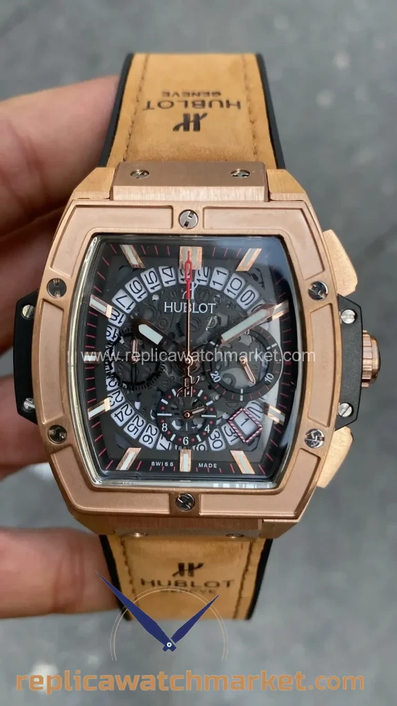 Replica Hublot Senna Champion 88 MP-06 Rose Case Rose Bezel Brown Leather 42 mm — product view 1