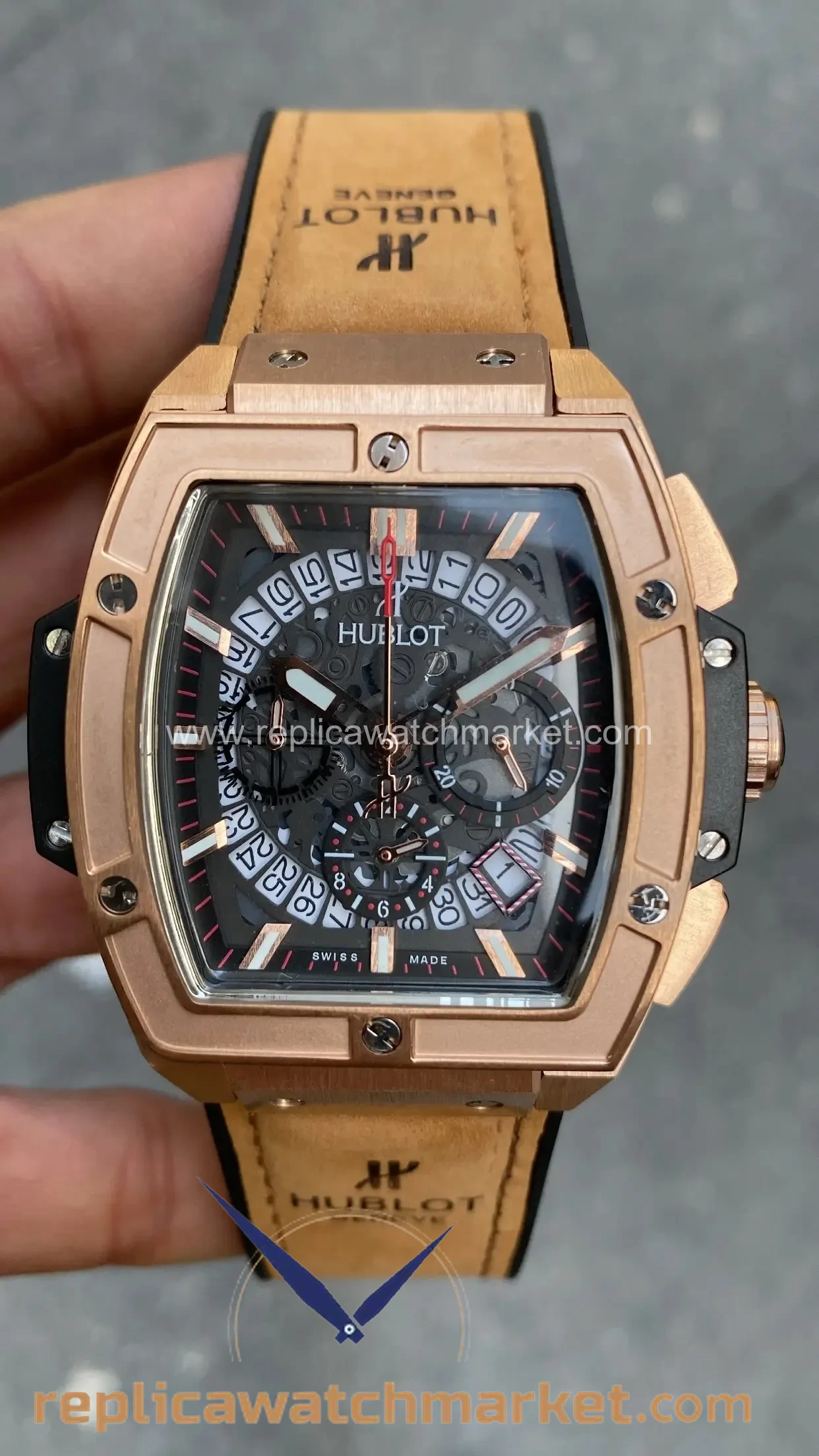 Replica Hublot Senna Champion 88 MP-06 Rose Case Rose Bezel Brown Leather 42 mm — product view 1