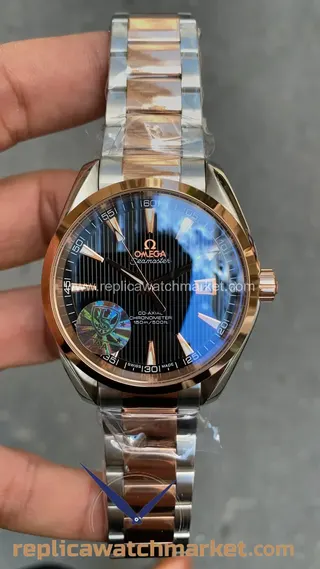 Replika Omega Seamaster Aqua Terra Siyah Kadran Çift Ton Pembe Altın 41 mm — ürün görünümü 1