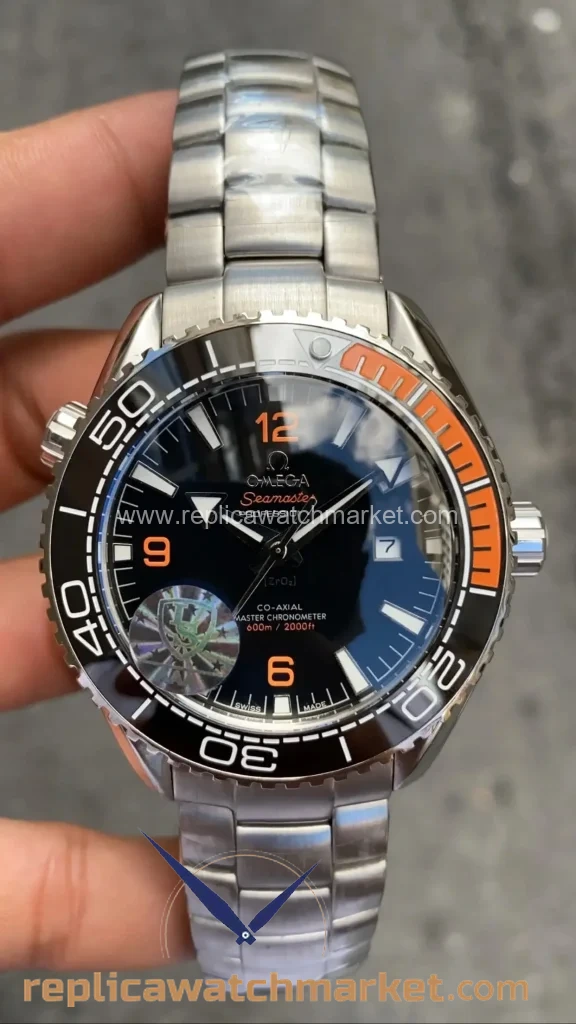 Replica Omega Seamaster Planet Ocean 600M Automatic Black Dial Orange Black Ceramic Steel Bracelet 45 mm — product view 1