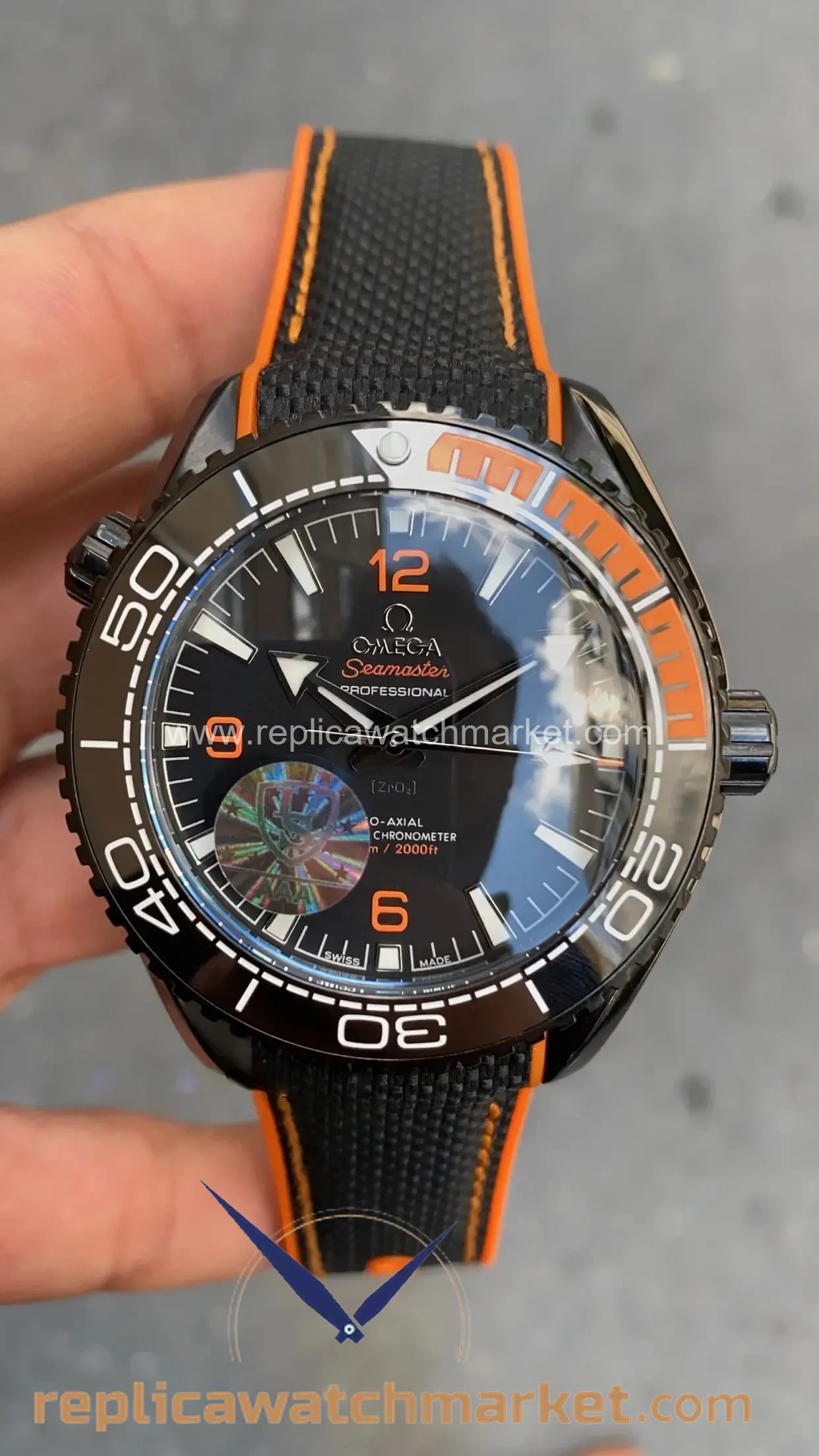 Replica Omega Seamaster Planet Ocean 600M Automatic Black Dial Orange Black Rubber PVD Case 45 mm — product view 1