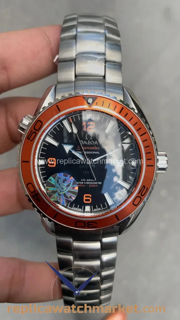 Replica Omega Seamaster Planet Ocean 600M Automatic Black Dial Orange Ceramic Steel Bracelet 45 mm — product view 1