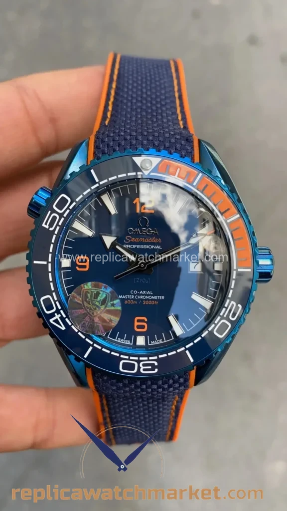 Replica Omega Seamaster Planet Ocean 600M Automatic Blue Dial Orange Blue Bezel Blue Strap 45 mm — product view 1