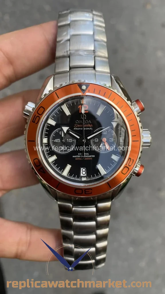 Replica Omega Seamaster Planet Ocean 600M Chronograph Black Dial Orange Bezel Steel Bracelet 45 mm — product view 1
