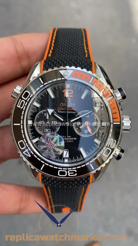 Replica Omega Seamaster Planet Ocean 600M Chronograph Black Dial Orange Black Bezel Black Strap 45 mm — product view 1