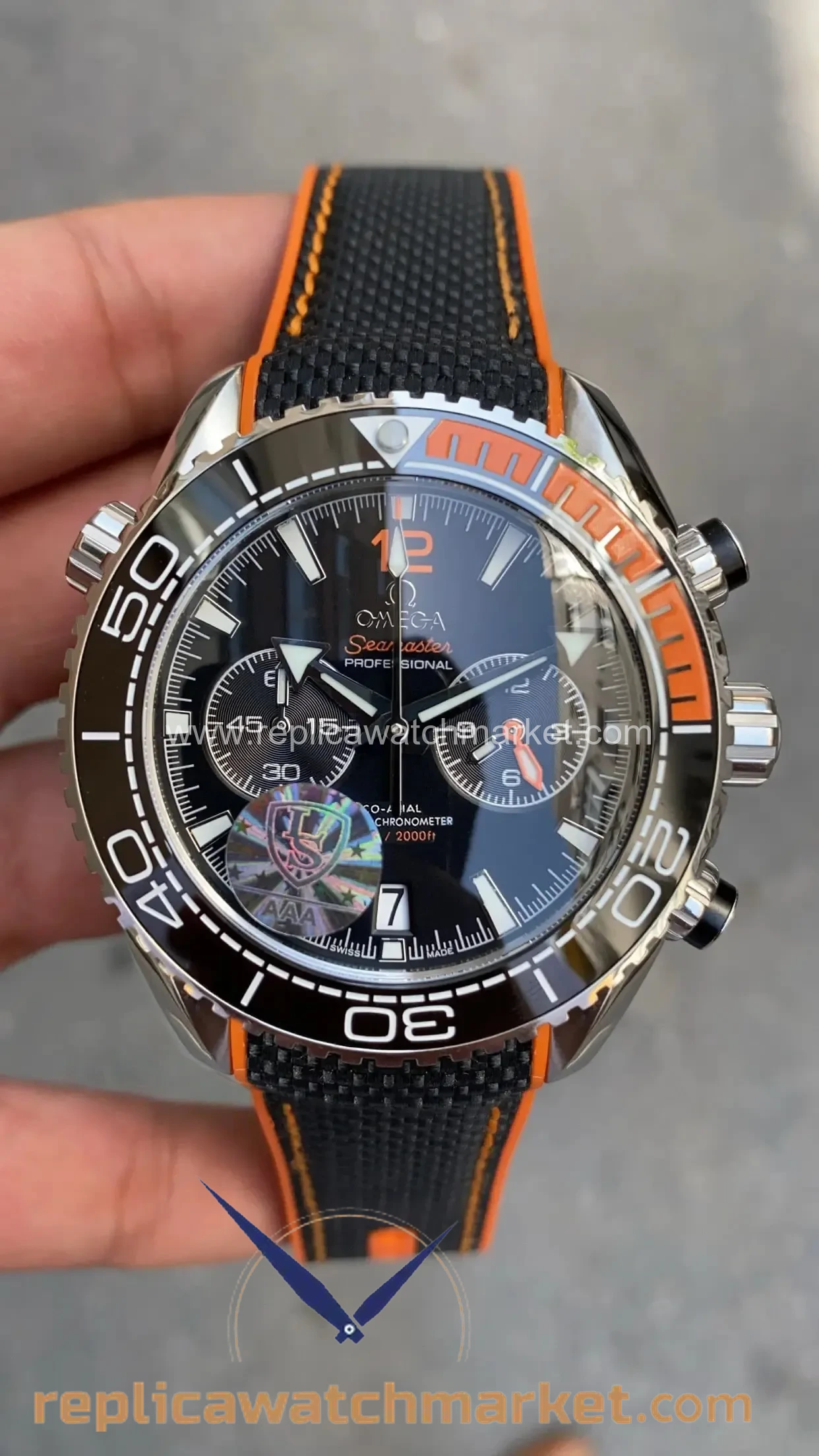 Replica Omega Seamaster Planet Ocean 600M Chronograph Black Dial Orange Black Bezel Black Strap 45 mm — product view 1