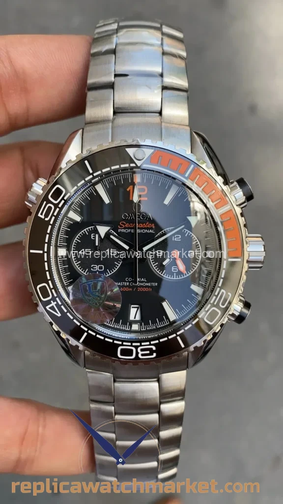 Replica Omega Seamaster Planet Ocean 600M Chronograph Black Dial Orange Black Bezel Steel Bracelet 45 mm — product view 1