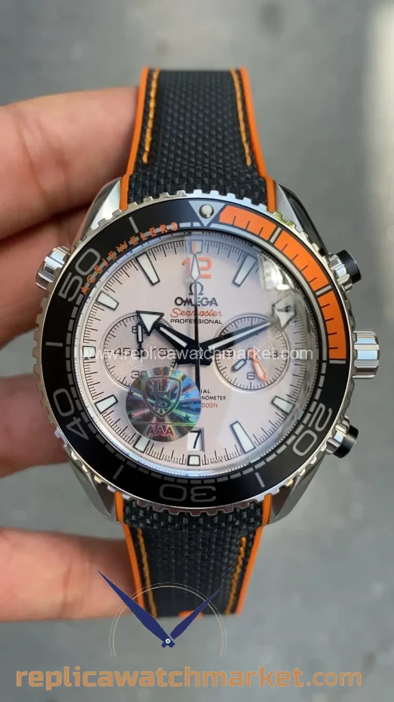 Replica Omega Seamaster Planet Ocean 600M Chronograph White Dial Orange Black Bezel Rubber Strap 45 mm — product view 1