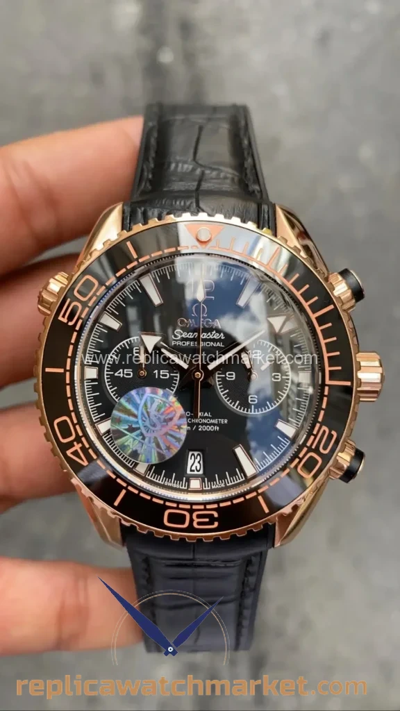 Replica Omega Seamaster Planet Ocean 600M Chronograph Black Dial Black Leather Rose Case 45 mm — product view 1