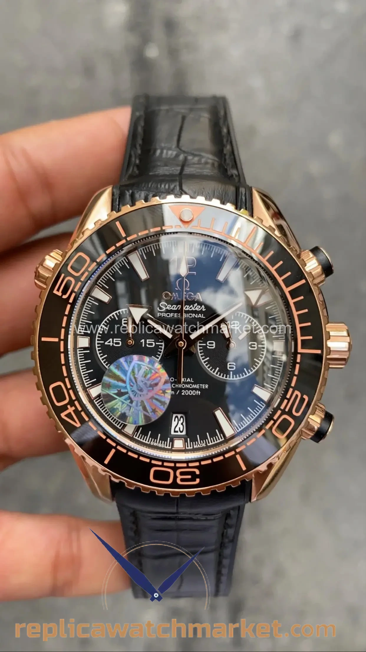 Replica Omega Seamaster Planet Ocean 600M Chronograph Black Dial Black Leather Rose Case 45 mm — product view 1