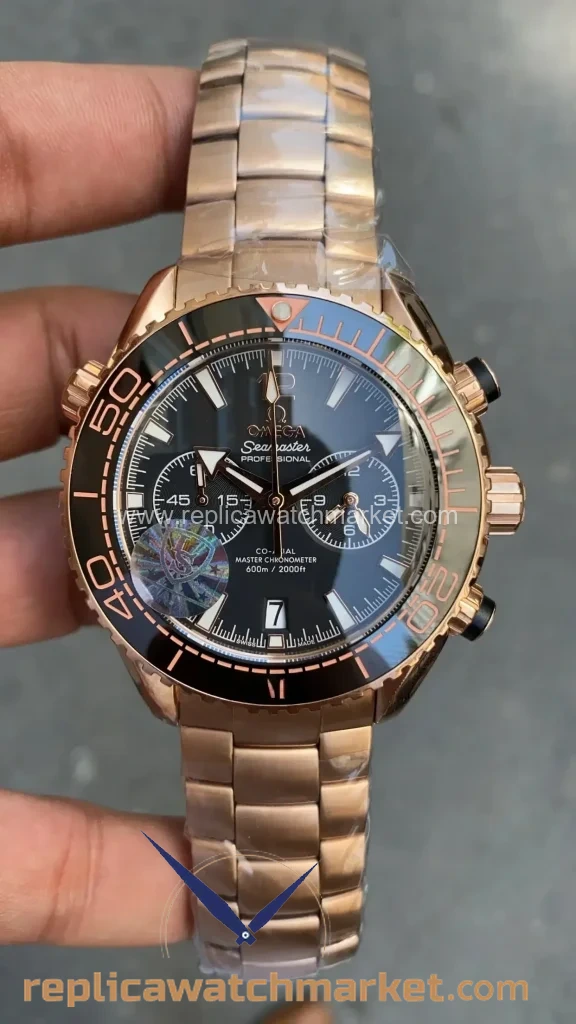 Replica Omega Seamaster Planet Ocean 600M Chronograph Black Dial Rose Case 45 mm — product view 1