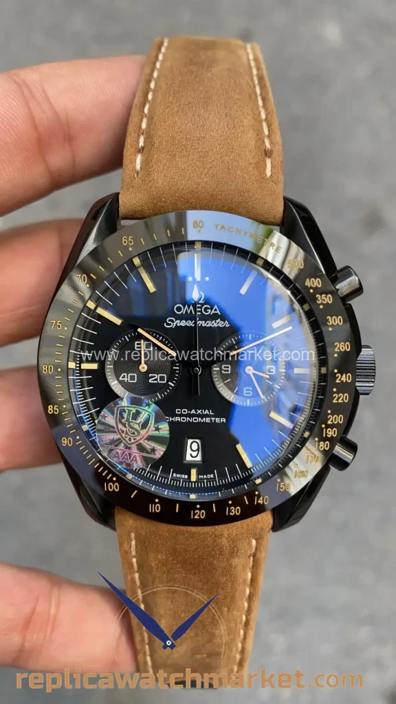 Replica Omega Speedmaster Dark Side of the Moon Black Dial PVD Case Brown Strap 44 mm — product view 1
