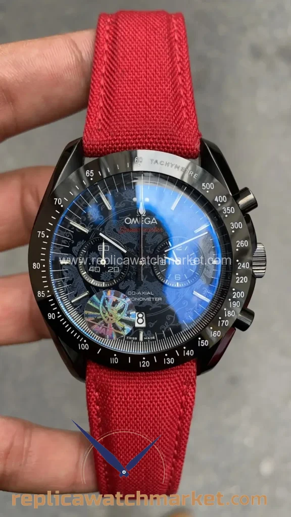 Replica Omega Speedmaster Dark Side of the Moon Black Dial PVD Case Red Strap 44 mm — product view 1